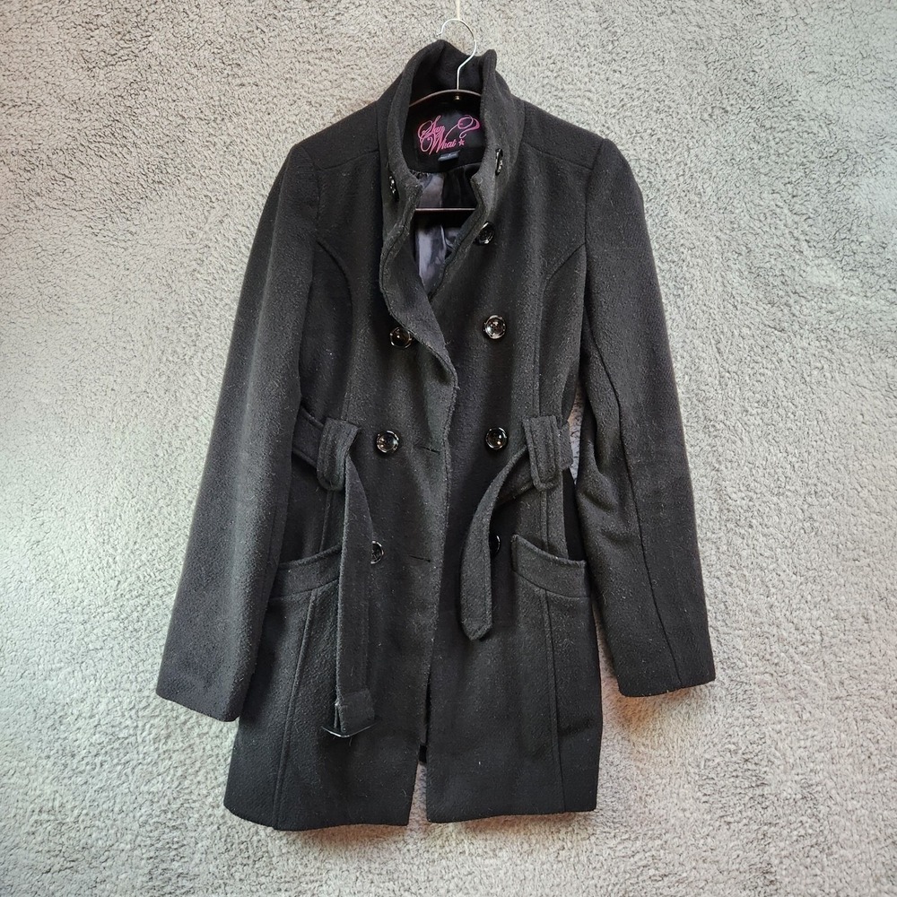Say What Coat Woman's Size Small Black Double Breast Belted Winterwear